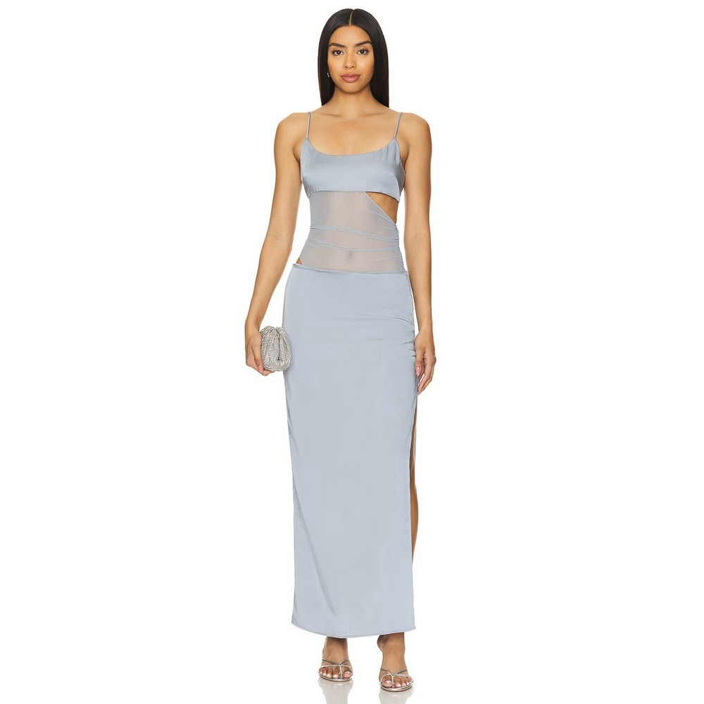 Bec + Bridge Mari Lou Blue Cut Out Satin Mesh Maxi Dress Gown Sz 8 Revolve Glam